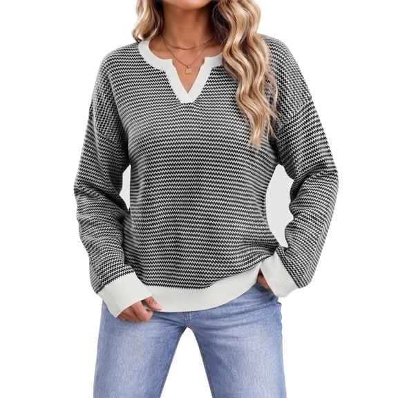 Sundazz Striped Sweater for Women V Neck Long Sleeve Tops Fall Fashion Pullover Sweater