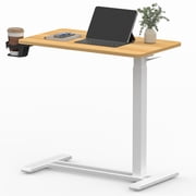 FitStand Adjustable Overbed Bedside Table with Wheels, Pneumatic Mobile Standing Desk, Mobile Rolling Laptop Desk for Hospital Home, Maple