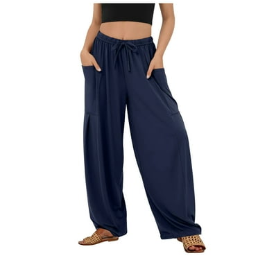 fartey Cotton Linen Trousers for Women Solid Color Pockets Breathable Casual Trousers Baggy Fit Elastic High Waist Drawstring Pants