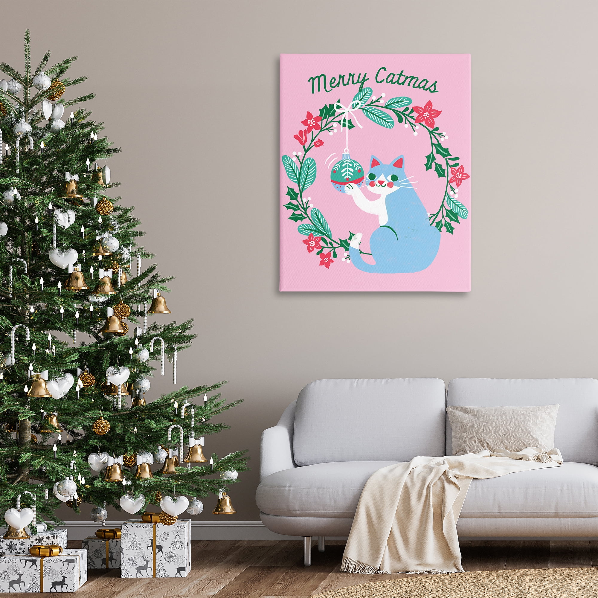 Stupell Industries Merry Christmas Pink Cat Holiday Painting Gallery Wrapped Canvas Art Prints Wall Art, 36 x 48