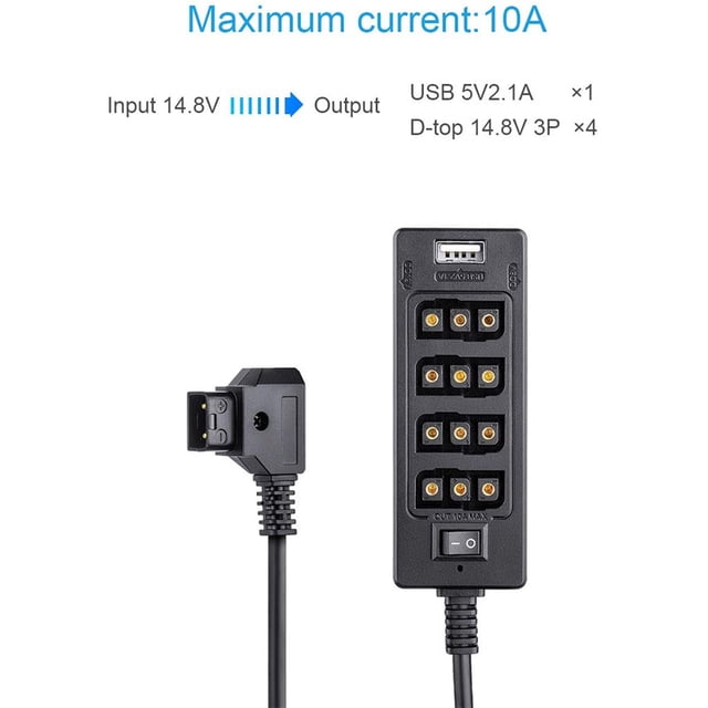 2X Câble Répartiteur Dtap avec Interrupteur d'Alimentation D-Tap pour V-Mount V Lock, Batterie Dorée vers Port Femelle 3P x 4 & Port USB