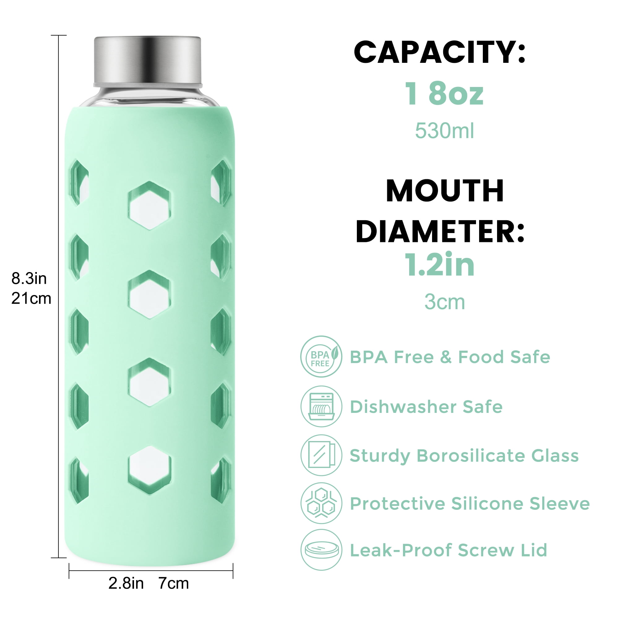 Glass Juice Bottles with Lids and Silicone Sleeves 18 oz, 4-Pack Reusable Clear Glass Water Bottles with Stainless Steel Airtight Cap for Juicing, Refrigerator, BPA Free Leak-Proof Drinking Jar