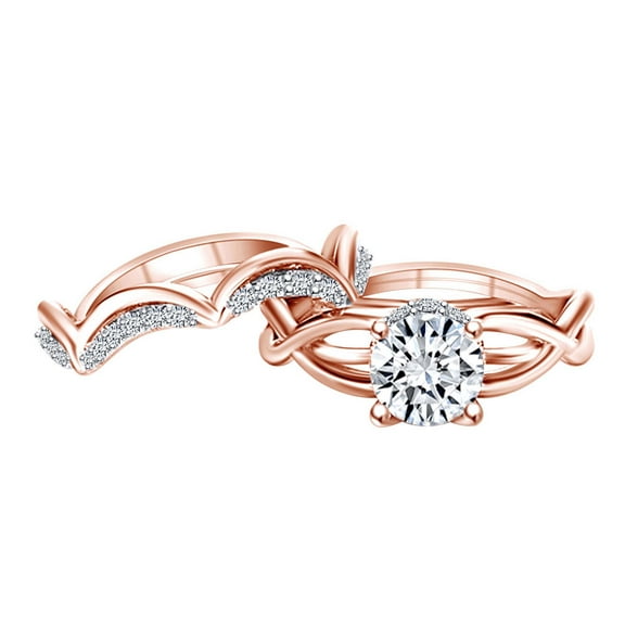 AFFY 1.74 Carat(Cttw) Round Moissanite & Natural Diamond Wedding Ring Set 14K Solid Rose Gold Ring Size-5