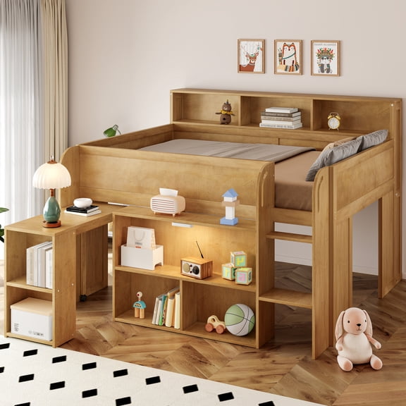 Harper & Bright Designs Full Size Low Loft Bed with Desk & Storage, Solid Wood Loft Bed with Portable Desk, Storage Bookshelves & LED Lights for Boys Girls, Walnut