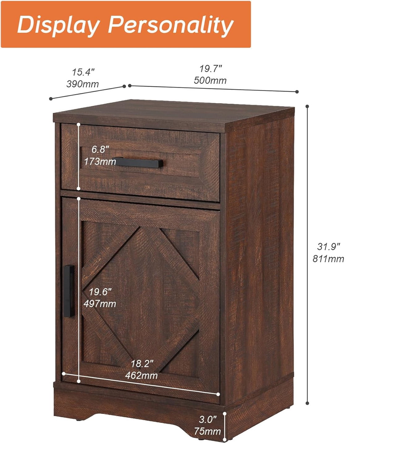 WAMPAT 31.9 inch Tall Farmhouse Nightstand with Drawers and Adjustable Storage Shelves, Solid Wood Side Table with Barn Doors for Bedroom,Rustic Brown