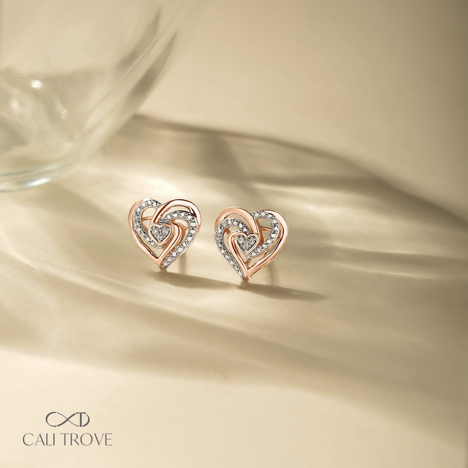 18KT Rose Gold Vermeil on 925 Sterling Silver Diamond Twist Heart Stud Earrings for Women, 1/20 Ct