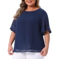thumbnail image 2 of DARING DIVA Women's Plus Round Neck Ruffle Sleeve Swiss Dots Top 1X Dark Blue, 2 of 6