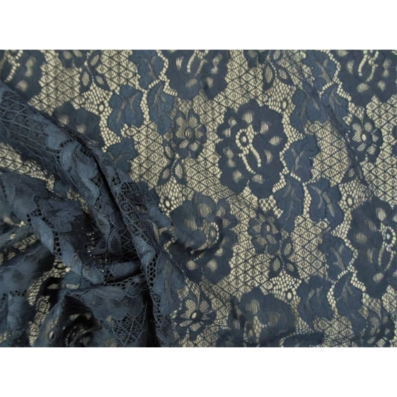 Embroidered Stretch Lace Apparel Fabric Sheer Floral Midnight Navy Diamond TT301