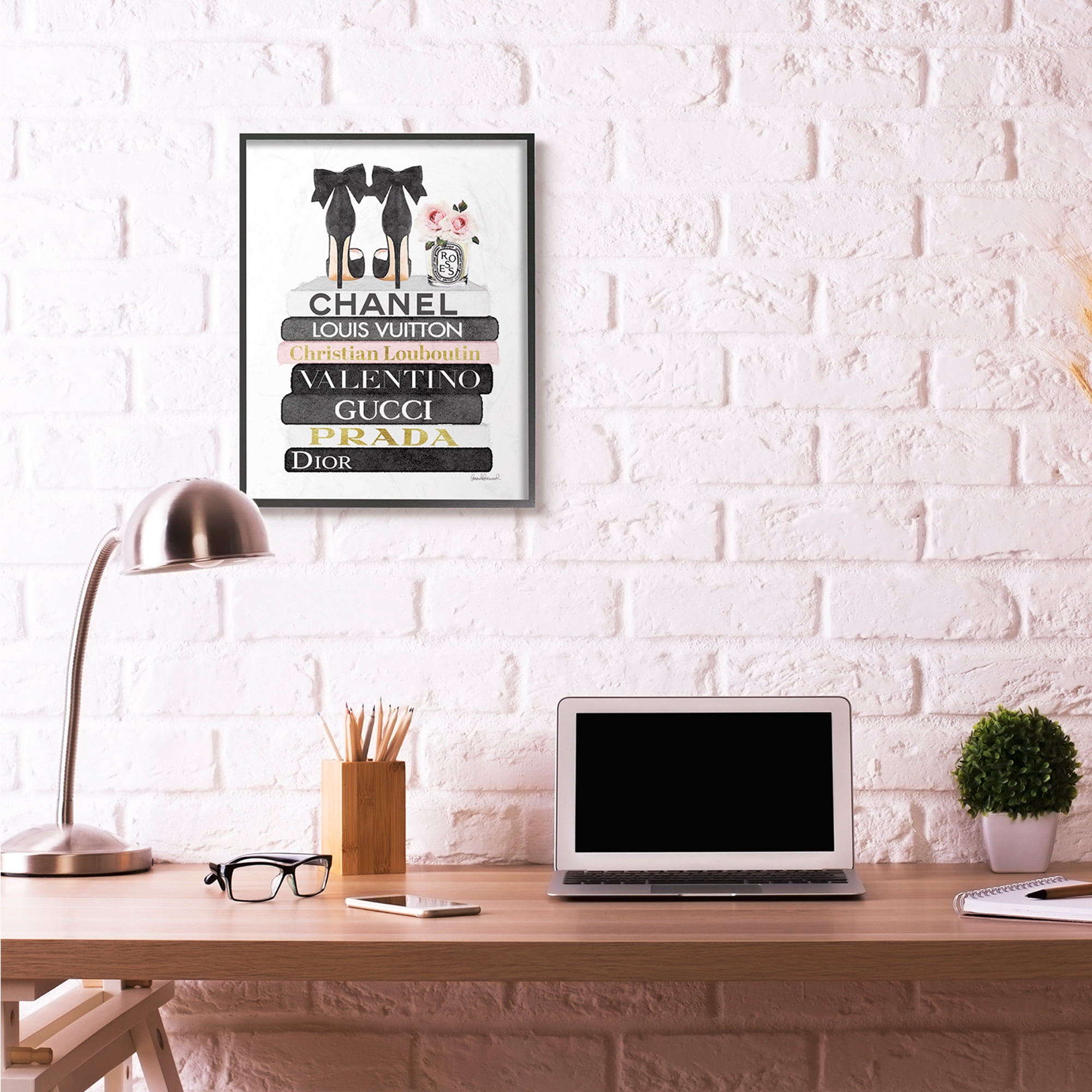 Stupell Industries Fashion Designer Flower Shoes Bookstack Pink Black Watercolor Framed Wall Art by Amanda Greenwood