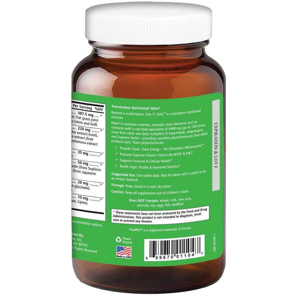 One N Only Multivitamin - One a Day Whole Food Supplement with Superfoods, Minerals, Enzymes, Vitamin D, D3, B12, Biotin by Pure Essence - 60 Tablets