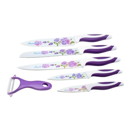 Green Set Knife - Lightahead® Lightahead Stainless Steel 6 pcs colored Knives set - Chef, Bread, Carving, Utility,Paring Knife, Slicer - Vibrant Stylish Kitchen Knives Cutlery Sets (Purple Rose)