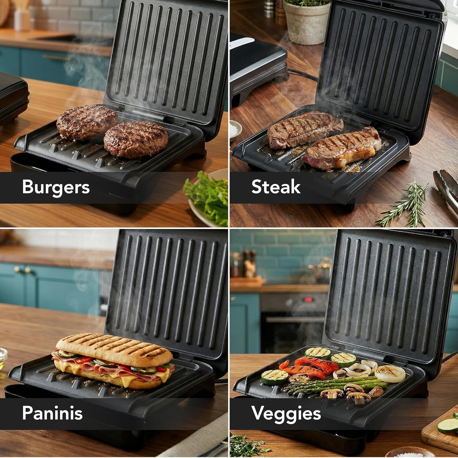OVENTE 2-Serving Electric Indoor Grill & Panini Press, Black GP222B | 750W Non-Stick Plate Coating, Opens 90 Degrees, 10.7" x 7.7" Space Saving Design 50W Contact Grill for Burgers & More