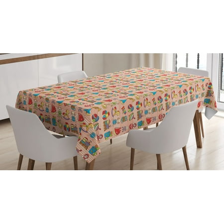 

Kids Tablecloth Playthings for Children Teddy Bears Rubber Ducks and Trains on Heart Filled Backdrop Rectangular Table Cover for Dining Room Kitchen 52 X 70 Inches Multicolor by Ambesonne