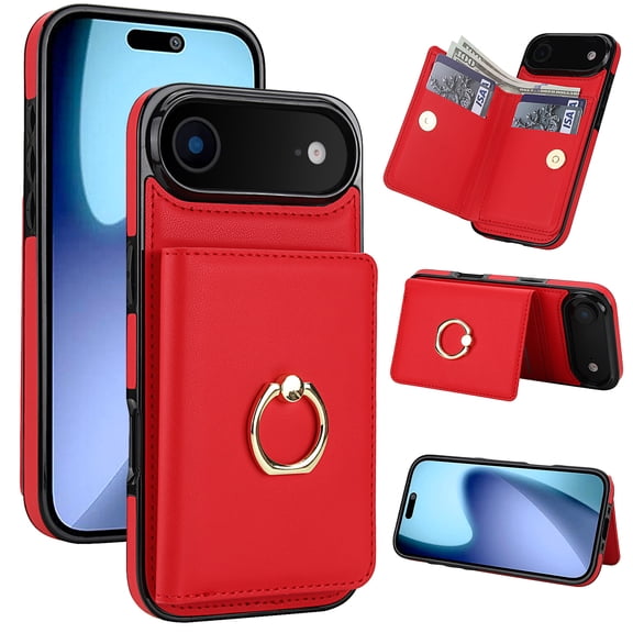 For iPhone Air Case Wallet Card Holder,Premium PU Leather Back Flip Kickstand Folio Case,RFID Blocking Ring Holder Shockproof Magnetic Women Men For iPhone Air,Red