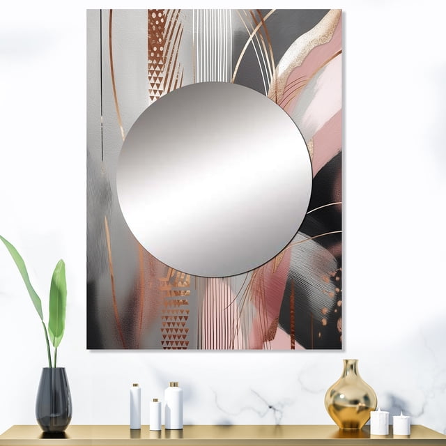 Designart "Complexity in Rose Gold Circles I" Modern Shapes Transitional Mirror Wall Decor - Modern Pink Abstract Large Printed Mirror Wall Decor For Bedroom - 40" x 30" Inch