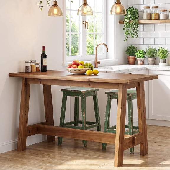 Finmind 63" Solid Wood Bar Table, Farmhouse Counter Height Pub Table with A-Frame for Kitchen & Home Bar, Rustic Brown
