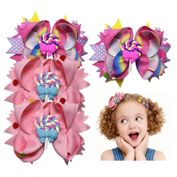JoyBowie 4pcs 4.3 Inch Lollipop Hair Bows for Girls, 4.1 Inch Satin Clips for Kids Candy Theme Party Hairstyles