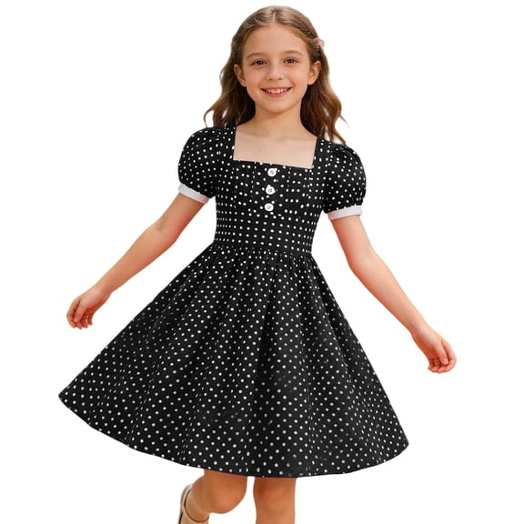 FYDUU Kids 1950S Dresses For Girls Summer Dress Vintage 50S Polka Dot Dress Short Sleeve Square Neck Sundress Casual Party Swing Dress 4-5 Years