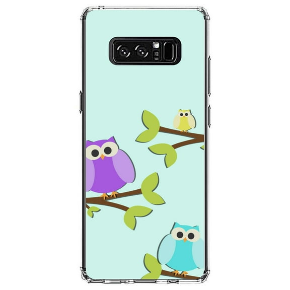 DistinctInk Clear Shockproof Hybrid Case for Samsung Galaxy Note 8 - TPU Bumper, Acrylic Back, Tempered Glass Screen Protector - Blue Purple Yellow Owls - Cartoon Owls