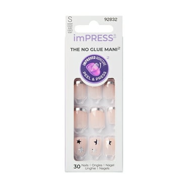 KISS imPRESS No Glue Needed Press On Nails, Design, Beach Daze, Silver, Short Squoval, 30 Count