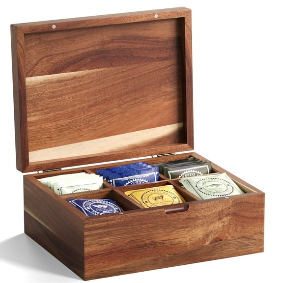 Danfoxer Acacia Wood Tea Bag Organizers, Tea and Sugar Packet Storage Chest with Lid, Wooden Teabag Holder Containers,Tea Box with 6 Compartments