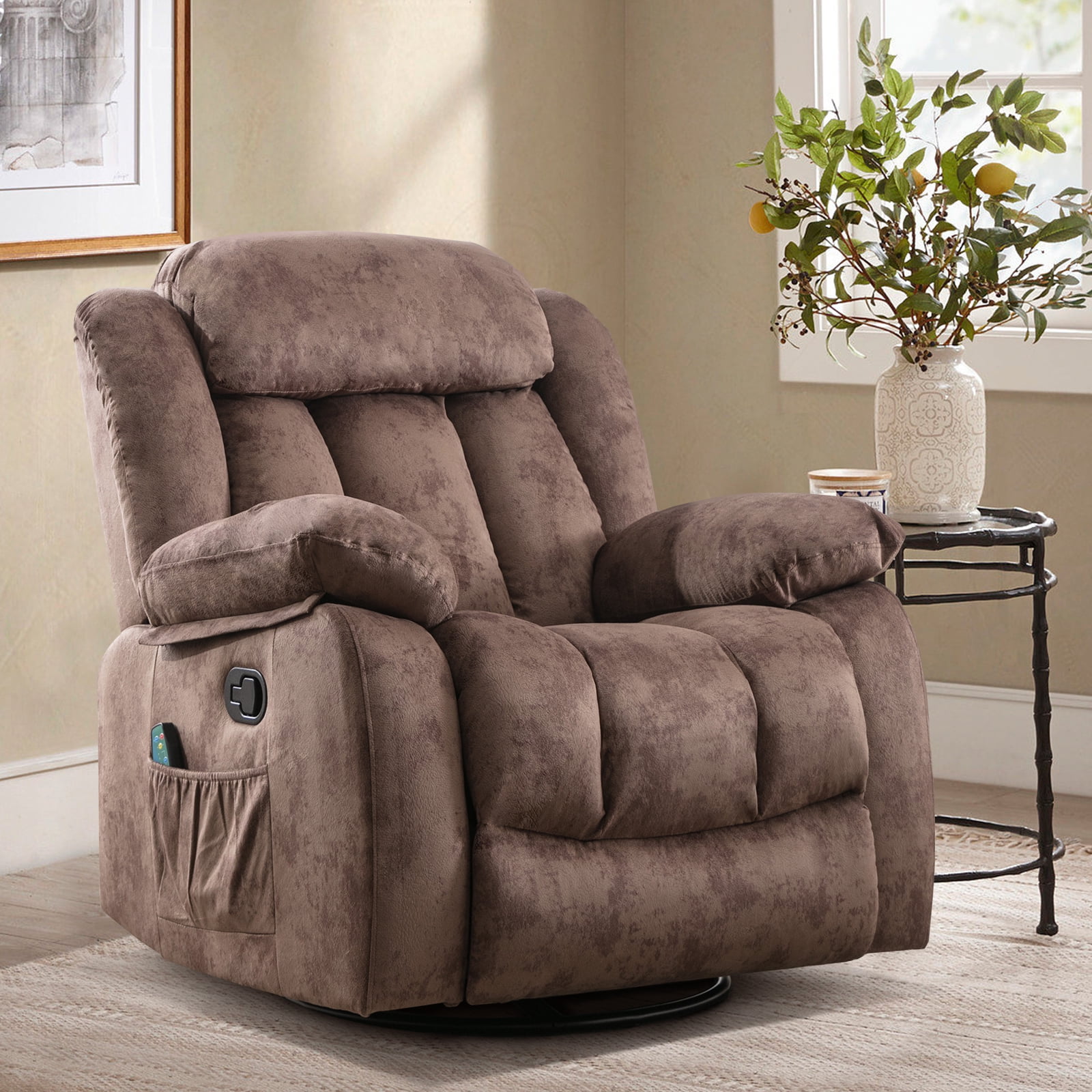 Bonzy Home Massage Swivel Recliner Chair with Heat and Vibration Manual Rocker Recliner Fabric Single Sofa, Brown