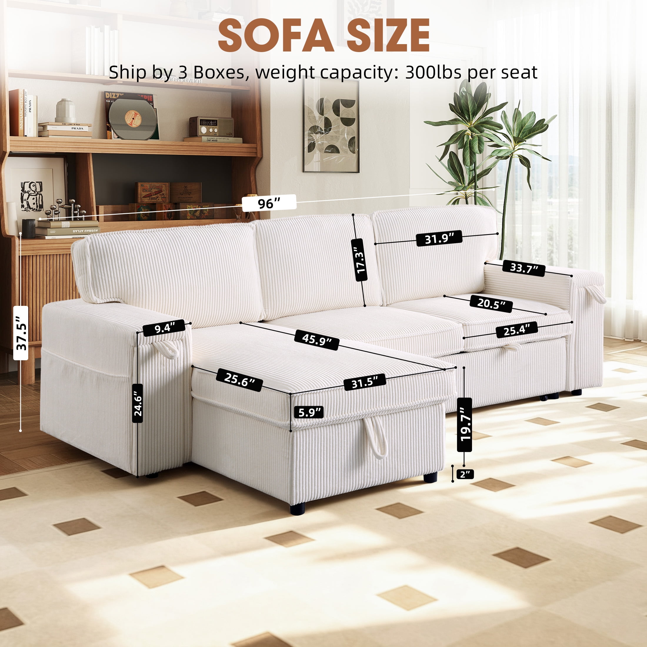 Aukfa Corduroy Pull Out Sofa Bed, Reversible Sectional Couch with Storage Chaise, Hidden Cup Holder, Beige