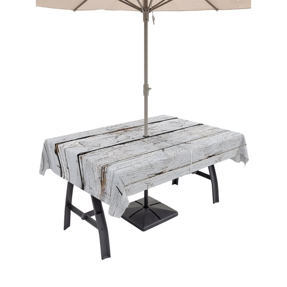 Outdoor Tablecloth with Umbrella Hole for Patio/Picnic/Party/Camping, Grey White Wooden Vintage Waterproof Table Cloth Rectangle Table Cover Washable, Retro Art Farmhouse (52"x 70")