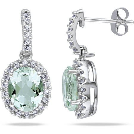 3-7/8 Carat T.G.W. Green Amethyst and Created White Sapphire 10kt White Gold Halo Dangle Earrings