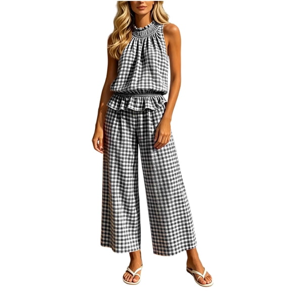 Xinsrenus Women Two Piece Matching Sets Smocked Halter Sleeveless Ruffle Trim Tops Elastic Waist Wide Leg Pants Gingham Vacation Daily Outfits