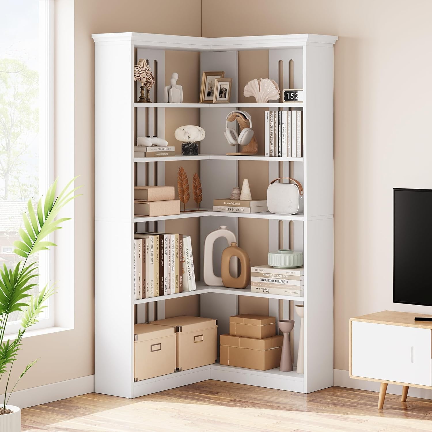NEILA Farmhouse Corner Bookshelf – 72.8” Tall L-Shaped Bookcase with 5 Tiers, Wood Display Rack for Office and Bedroom, Half Panel Design in White