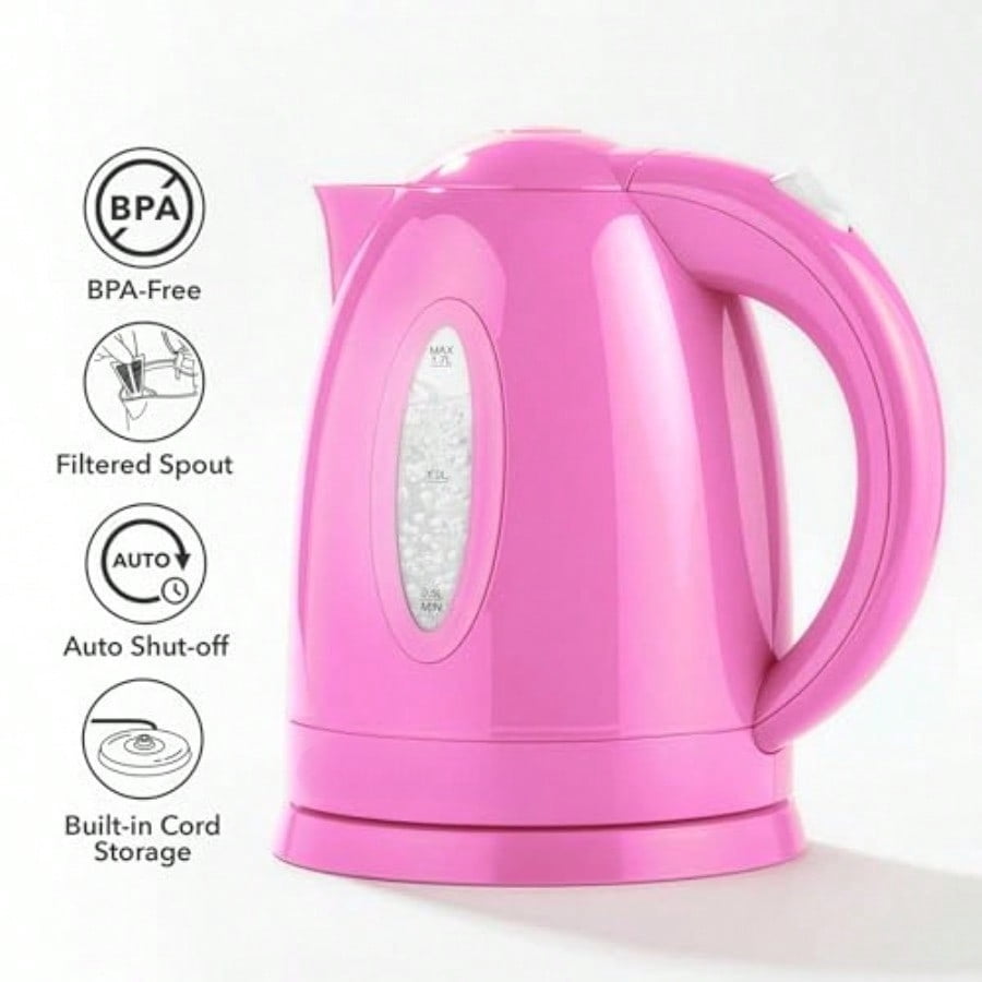 Electric Kettle 1.7L Fast Boiling Water Heater for Coffee or Tea with Water Level Gauge Auto Shut-Off Boil-Dry Protection Indicator Light and Removable Filter Pink KP72P