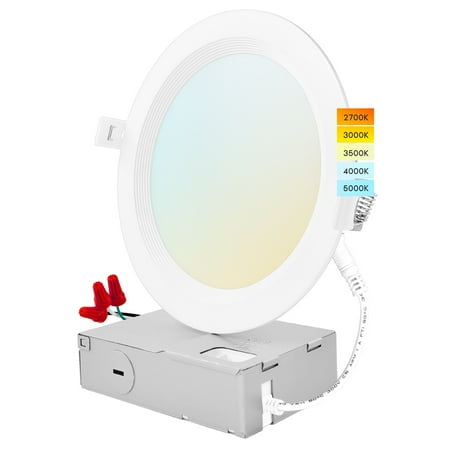 

Luxrite 6 inch Ultra Thin LED Recessed Light J-Box 14W 5 Color Options Dimmable 1150 Lumens IC Rated Baffle