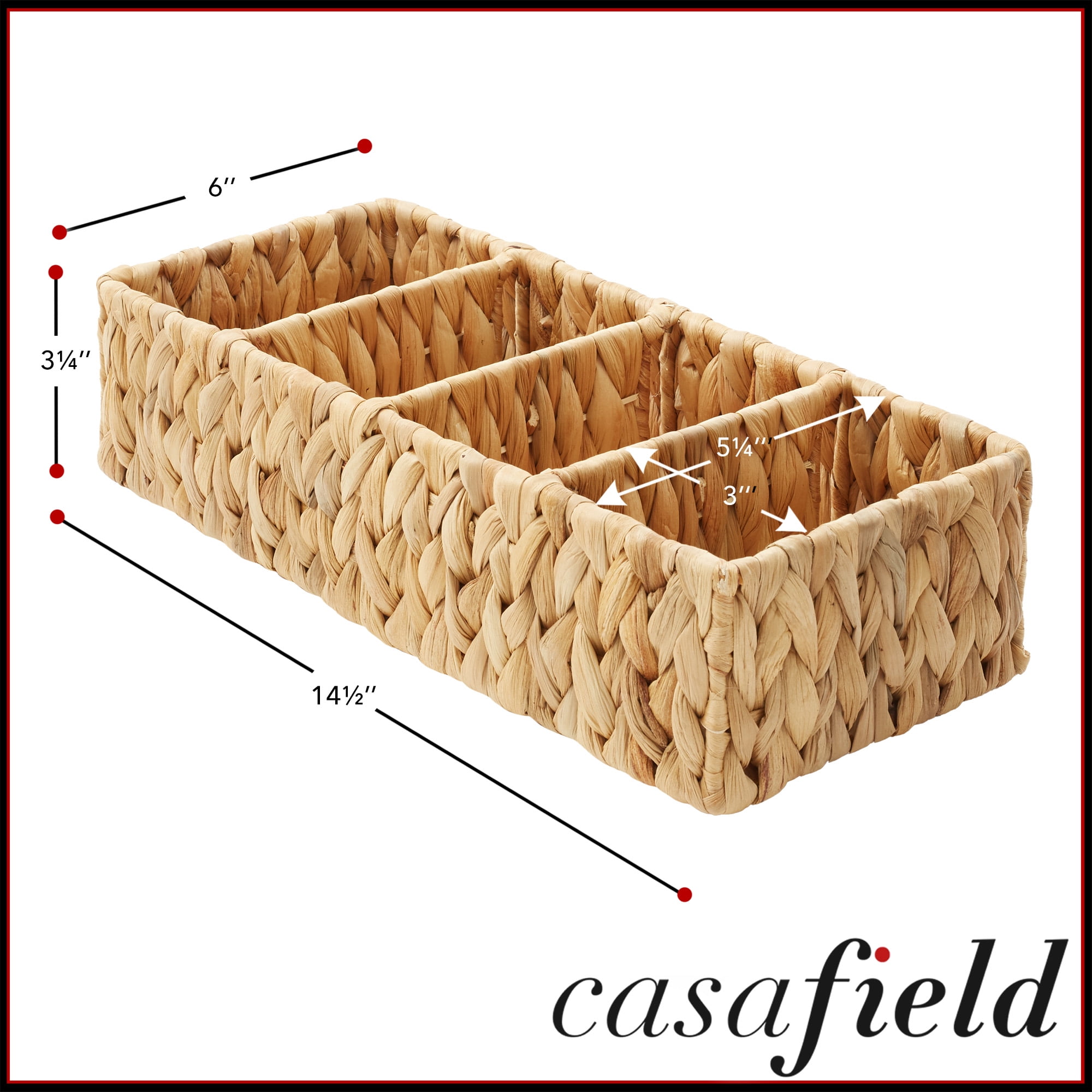 Casafield Set of 2 Water Hyacinth Storage Baskets with 4 Sections, Natural - Woven Bin Organizers for Bathroom, Laundry, Pantry, Office, Shelves