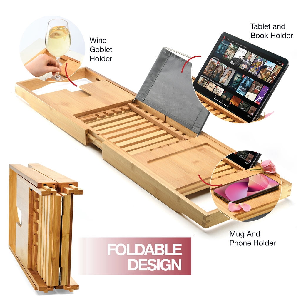 Bathtub Tray Caddy - Foldable Waterproof Bath Tray & Bath Caddy - Wooden Tub Organizer & Holder - Expandable Size, Fits Most Tubs