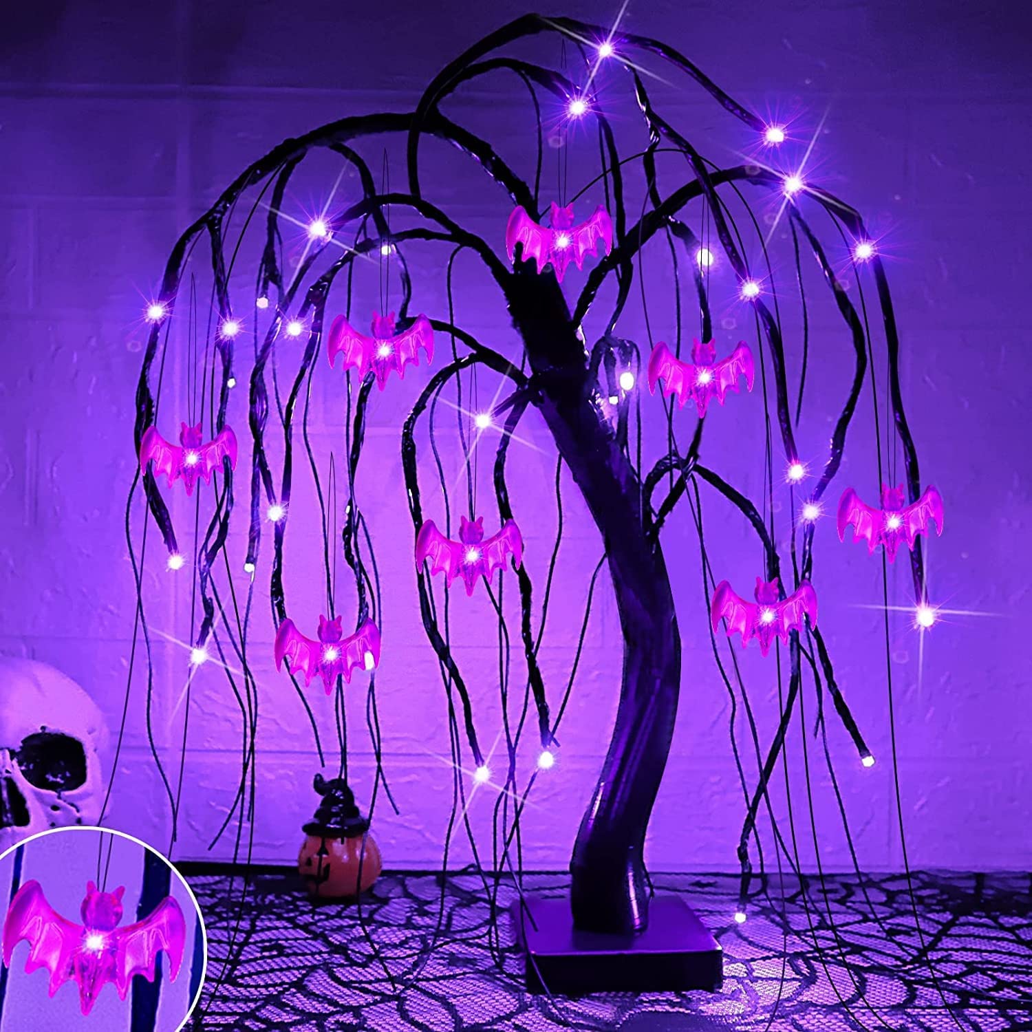 24 Inch 32 LED Halloween Willow Tree Decorations with Timer DIY 8 Bats