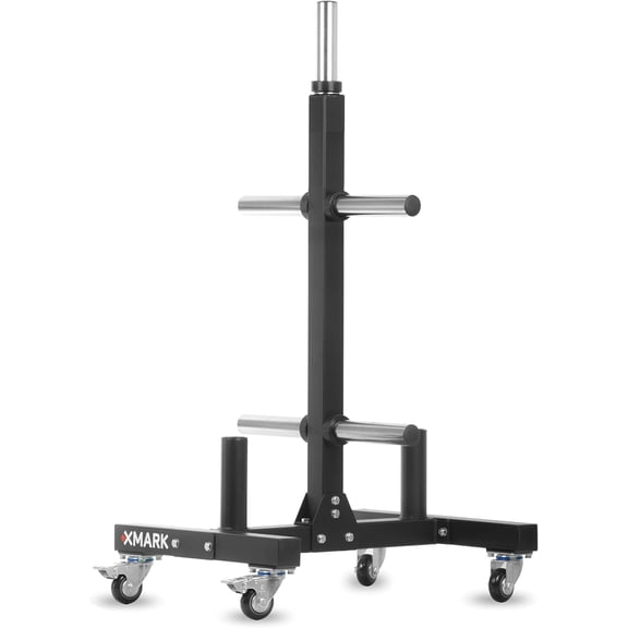 XMark Commercial Olympic Weight Plate Tree or Bumper Plate Tree, 750 lb Capacity, with Two Bar Holders and Transport Wheels