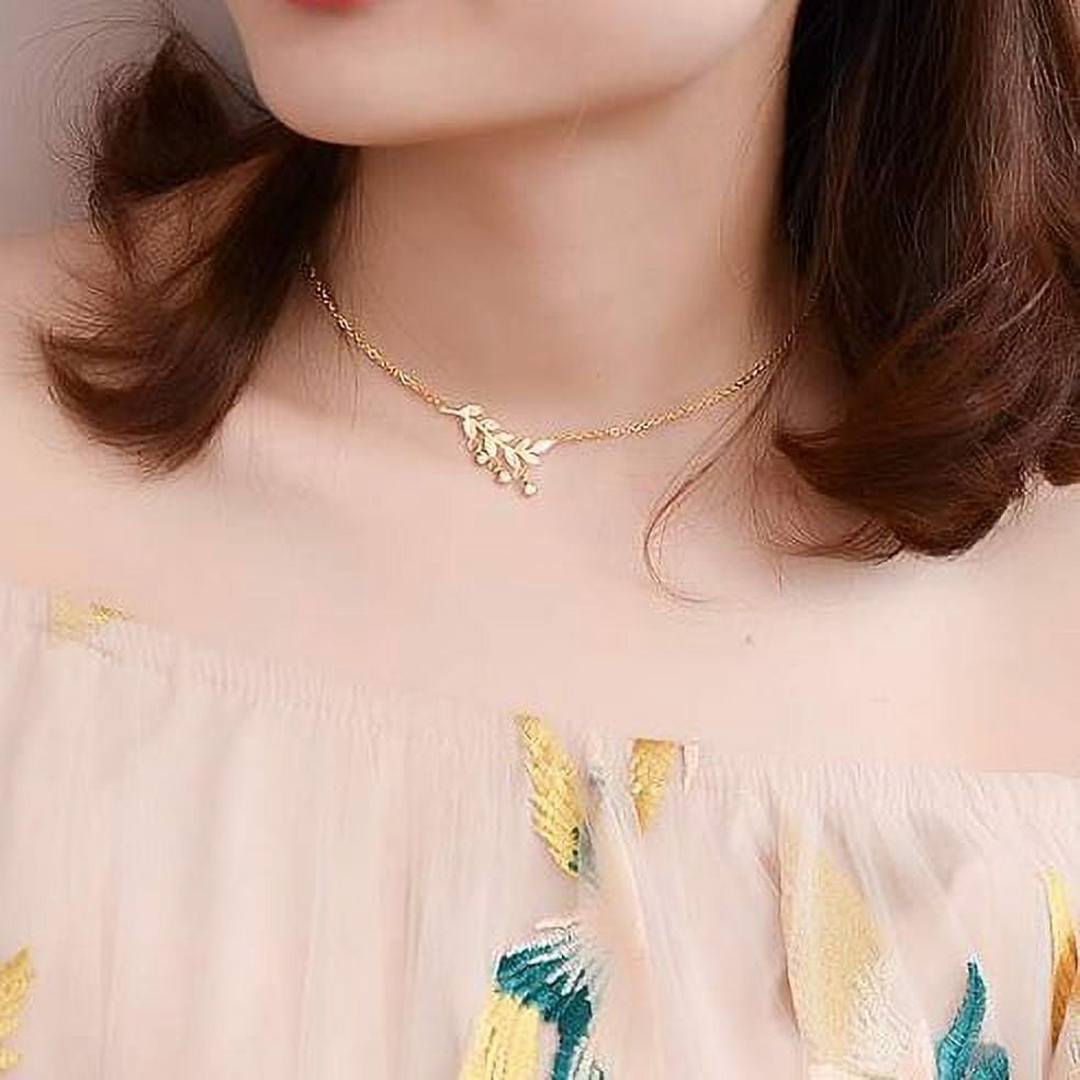 Fashion Rose Gold Olive Leaf Branch Dangling Rhinestone Pendant Dainty Necklace with Free Jewelry Gift Box