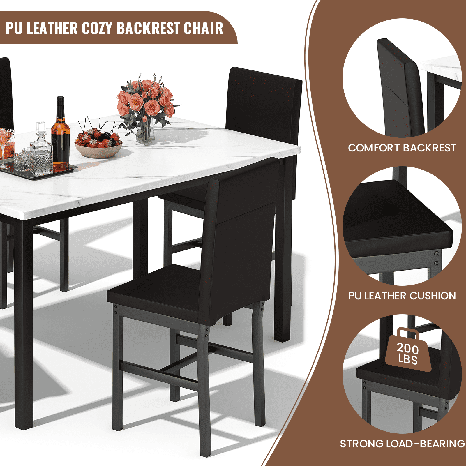 AWQM 5 Piece Dining Table Set, Modern Faux Marble Tabletop and 4 PU Leather Upholstered Chairs, Rectangle Kitchen Table and Chairs for 4 Persons, Small Dining Set for Bar Dining Room Breakfast Nook
