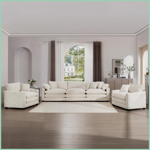3-Piece Modern Classic Corduroy Sofa Set – 2 Singles 1 3-Seater | Off-White | Square Arms | Living Room Ready