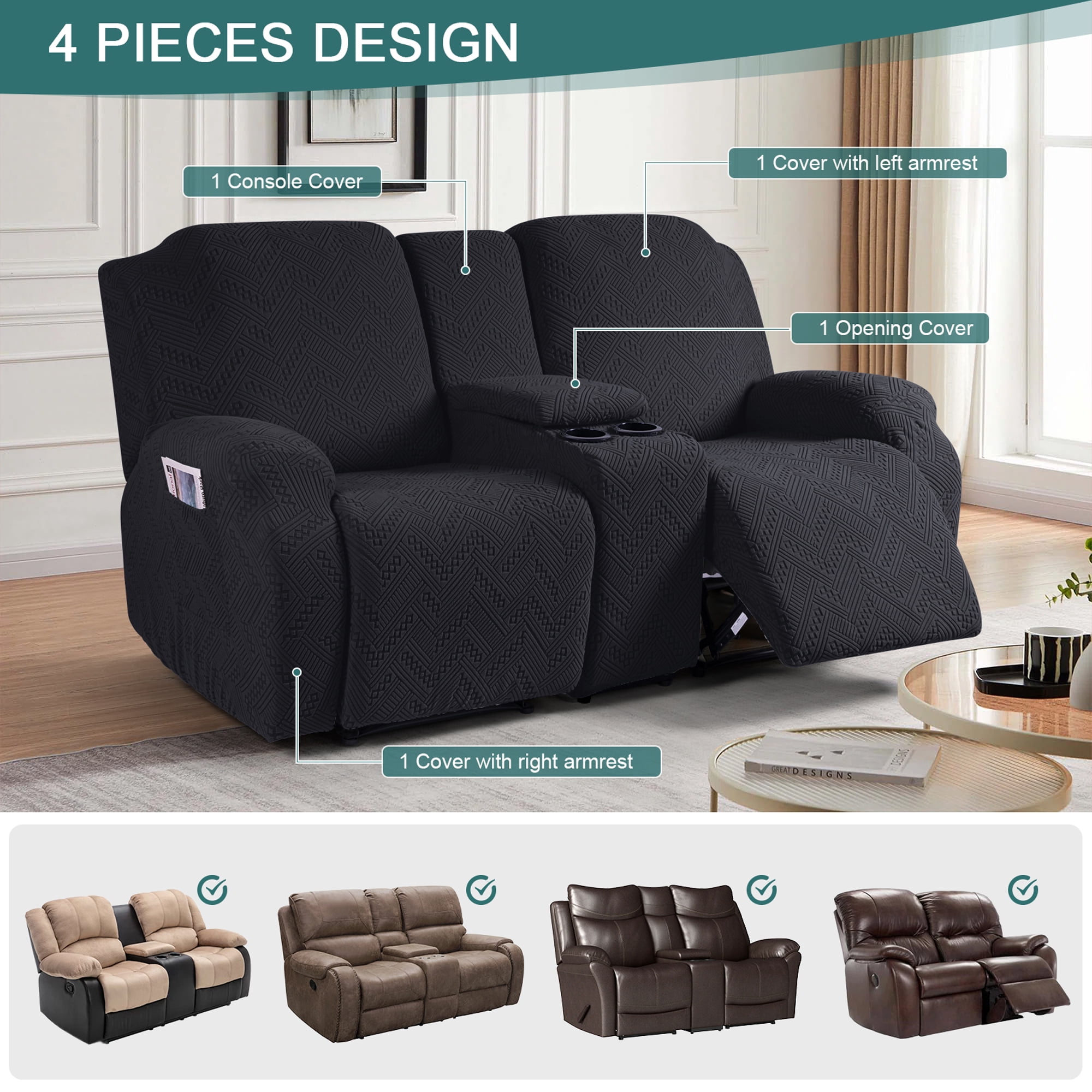 TAOCOCO Recliner Sofa Slipcovers with Console, 4 Pieces Jacquard Reclining Couch Cover for Loveseat Sofa Home Decor Protector,Black