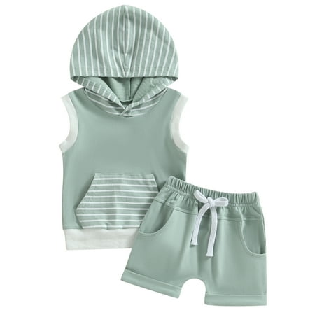 

Musuos Baby Boys Striped Hoodie Tank Tops Stretch Casual Shorts with Pockets
