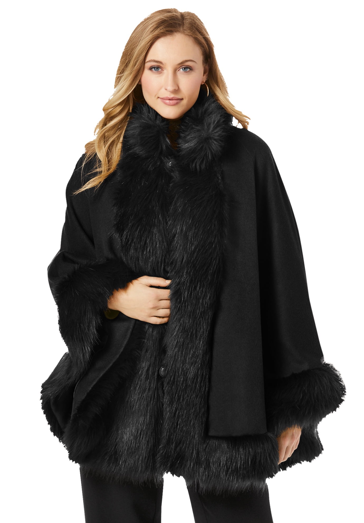 bon Mart vervolgens Jessica London Women's Plus Size Faux Fur Trim Cape Wool Poncho Hook And  Eye Closure - Walmart.com