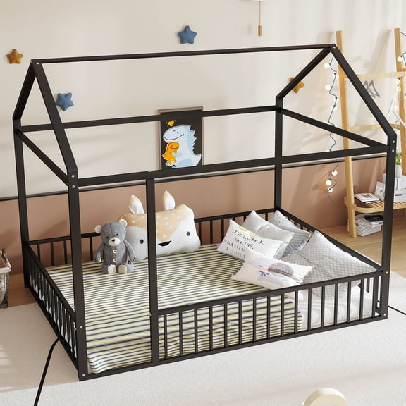 Bellemave Full Size Montessori House Bed, Metal Floor Bed with Guardrails and Roof, Playhouse for Kids Teens Girls Boys (Black)