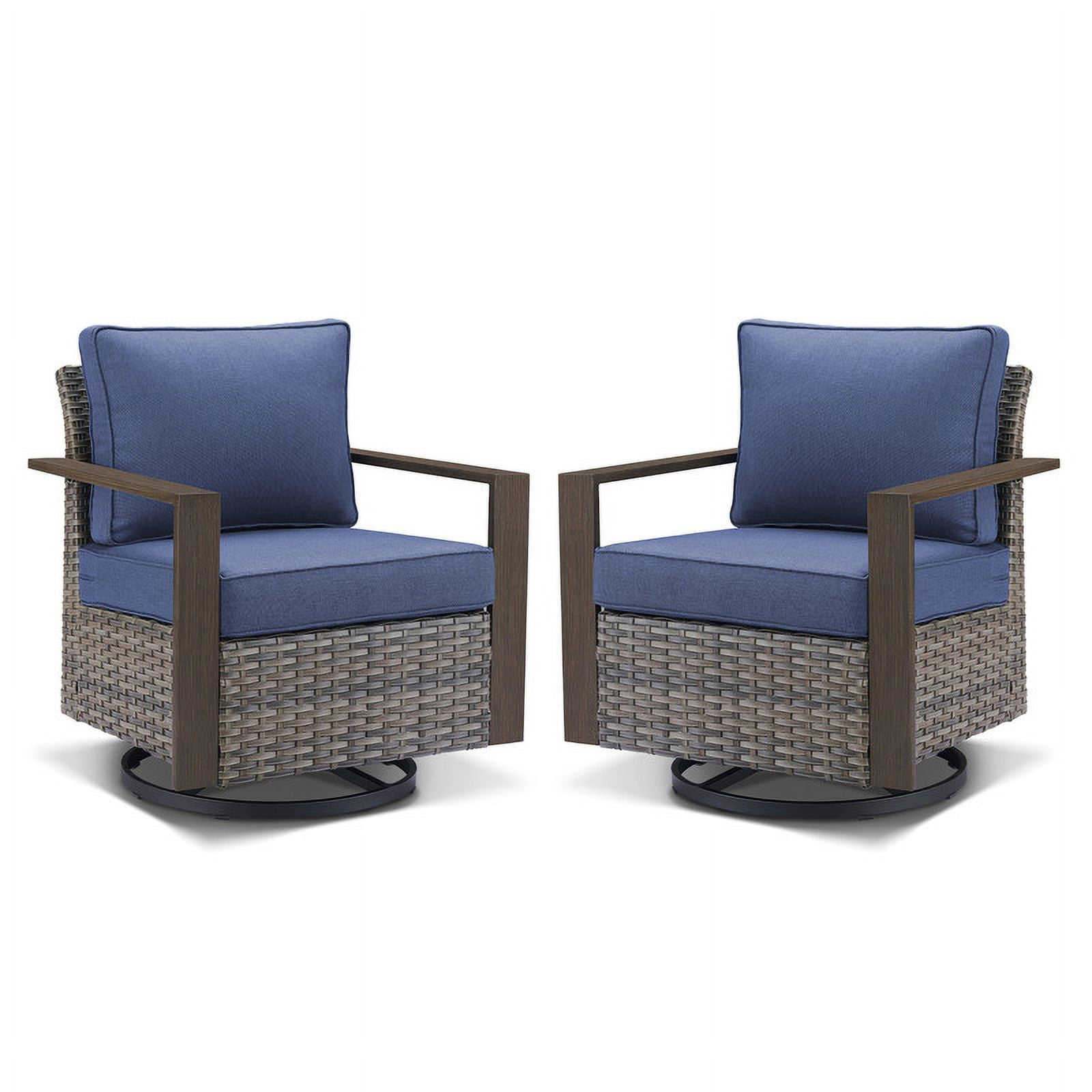 PARKWELL Classic Swivel Glider Chair Set of 2, Patio Cushioned Lounge Swivel Rocker Arm Chair for Balcony Yard,Gray Wicker and Navy Cushions