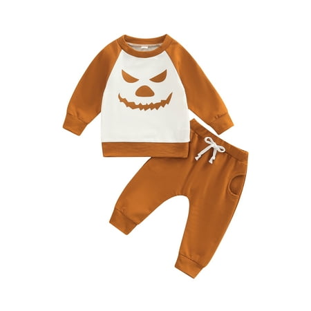

COUTEXYI Toddler Halloween Two Pieces Clothes Outfit Round Neck Long Sleeve Devil Printed Contrast Color Tops and Tie-Up Pants