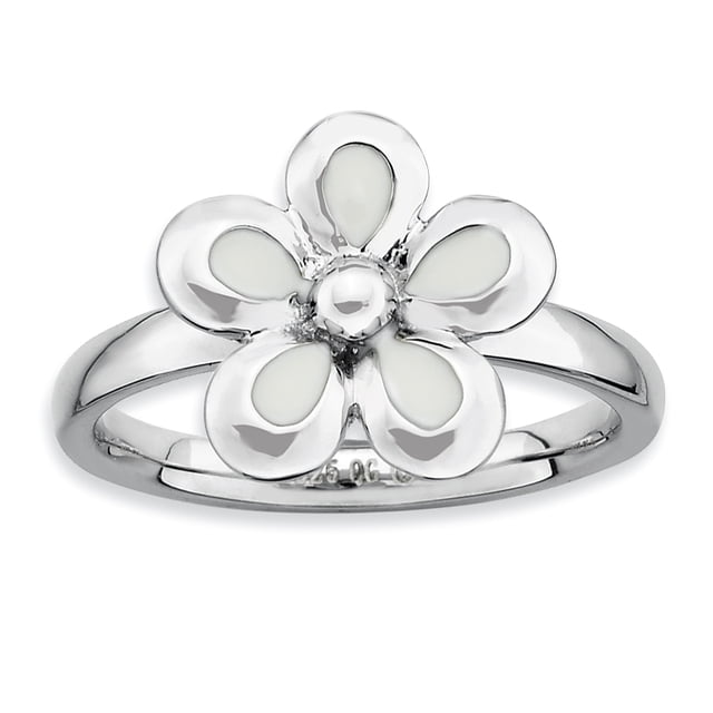 Bague Fleur Émaillée Blanche Polie en Argent Sterling Stackable Expressions Taille 5
