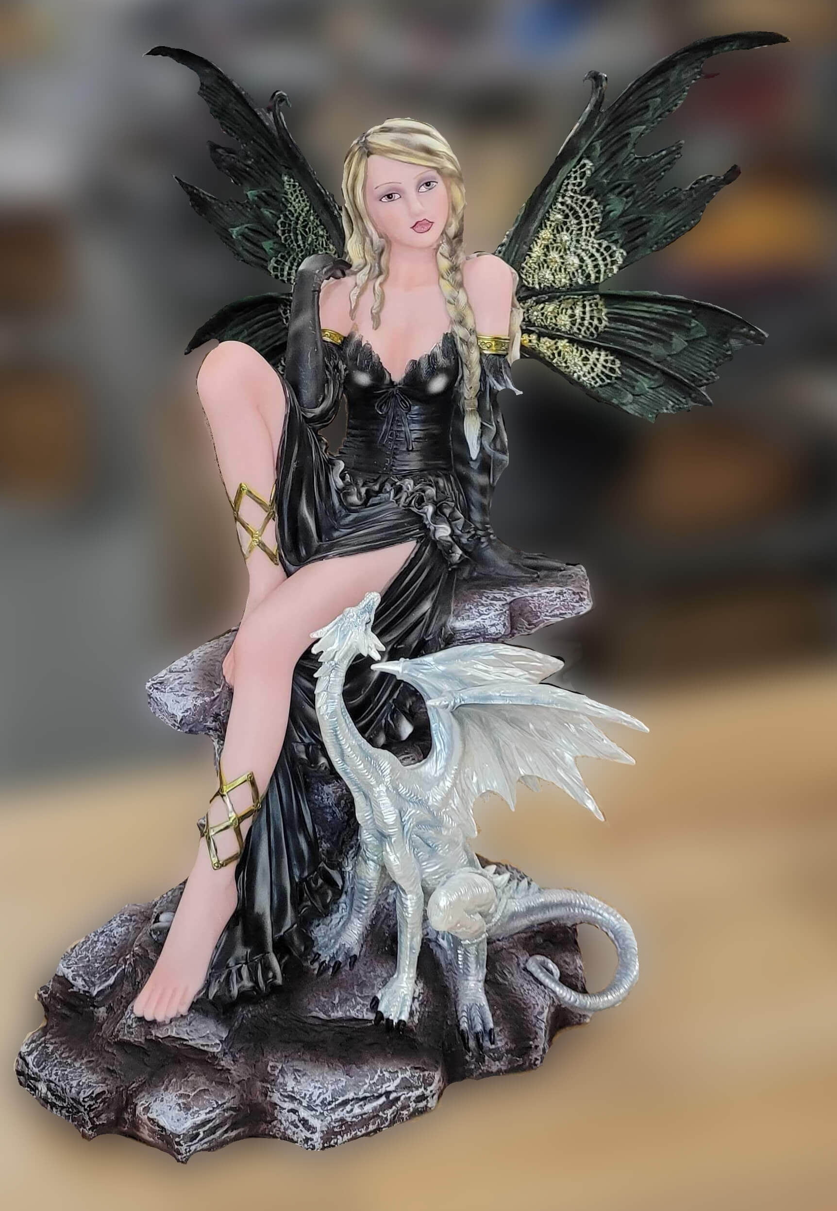 Pacific Giftware Large Fantasy Fairy with Black Dragon Figurine Fairyland Legends Decorative Statue 17.5 Inch H