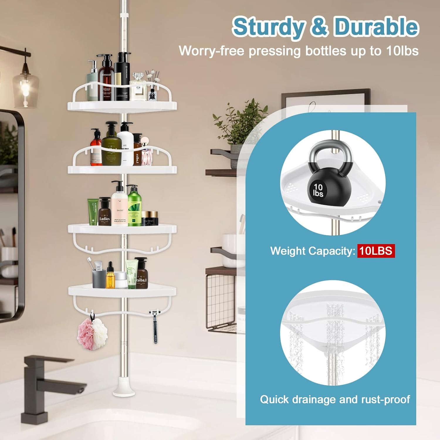 Shower Caddy Corner, No Drilling Rustproof Bathtub Shower Storage Organizer for Bathroom,4-Tier Adjustable Shelves with Tension Pole, White