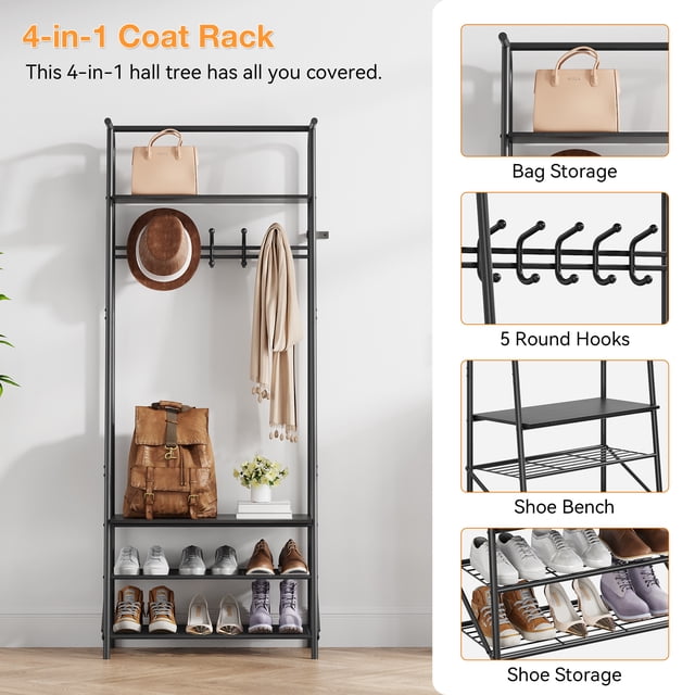 EastVita 4-Tier Rack,Hall Tree with Bench and Shoe Storage,with 5 Hooks,Shoe Shelves,Freestanding Coat and Shoe Rack Entryway,4-in-1 Wood Coat Stand,for Entryway,Living Room